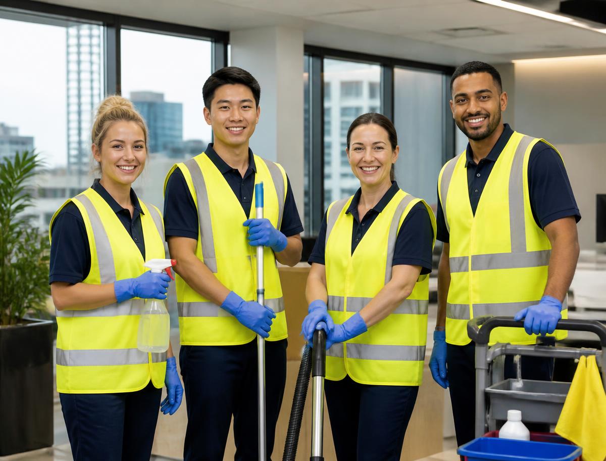 A2K Services Group cleaning team in a modern building lobby